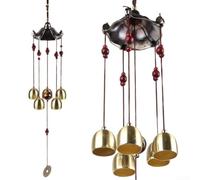 Carillon éolien en alliage de cuivre pour décoration extérieure à suspendre avec configuration à 5 cloches et éléments visuels intemporels de pièces de monnaie anciennes