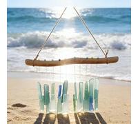 Carillon éolien en bois flotté en verre de mer, 35 x 30 cm, décoration de jardin bohème, carillon mélodique activé par le vent, décoration côtière naturelle faite à la main, utilisation intérieure ou
