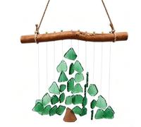 Carillon éolien en verre pour décoration de style côtier en bois flotté | Avec verre de mer vert comme décoration rustique pour la décoration de fenêtre, Noël dans la maison de plage comme