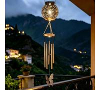 Carillon éolien solaire en forme de papillon pour l'extérieur - Lanterne LED en métal étanche - Tons mélodiques apaisants - Décoration de jardin dorée rétro - Décoration de jardin à suspendre - 84,3