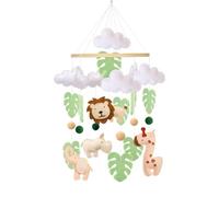 Carillon mobile pour bébé - Motif animaux de la forêt - 3D - Lion, girafe, éléphant, rhinocéros, feuille verte - En bois avec boules en feutre - Cloche mobile pour lit de bébé