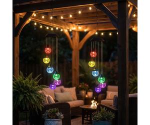 Carillon solaire RGB LED Lampe à suspendre de jardin Décoration extérieure Boule de verre craquelé, métal, changeur de couleur, LED, DxH 12,5x60 cm, set de 2