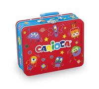 CARIOCA Joy Colors + Livre de Coloriage, boîte métallique rouge avec 100 marqueurs à pointe fine 2,8 mm, encre super lavable, fabrication italienne kit créatif complet pour enfants