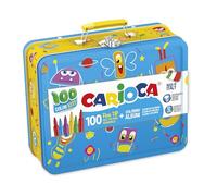 Carioca Boîte métallique avec marqueurs | 100 feutres super lavables avec une boîte en métal, marqueurs pointe fine avec album de coloriage