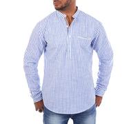 Carisma Tunique à col montant en coton et lin pour homme, à rayures, manches longues, coupe décontractée légèrement près du corps, bleu, 3XL