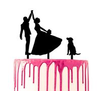 CARISPIBET Cake Topper Décoration de gâteau de mariage Époux et Épouse dansant avec un chien à côté d'eux Silhouette Acrylique