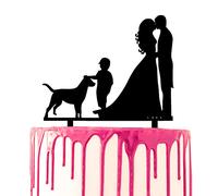 CARISPIBET Cake Toppers Décoration de gâteau en acrylique silhouette de couple s'embrassent avec un fils et un chien