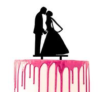 CARISPIBET cake toppers groom surprises bride with flower bouquet acrylic silhouette cake decoration tool (Groom and bride kissing while holding hands)