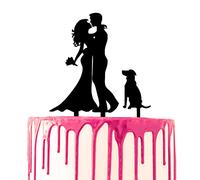 CARISPIBET cake toppers groom surprises bride with flower bouquet acrylic silhouette cake decoration tool (Bride & groom hugging with flower bouquet and dog)