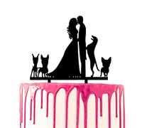 CARISPIBET cake toppers groom surprises bride with flower bouquet acrylic silhouette cake decoration tool (Bride and groom kissing with four dogs)