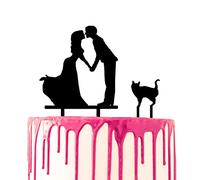CARISPIBET cake toppers groom surprises bride with flower bouquet acrylic silhouette cake decoration tool (Bride and groom holding hands for a kiss)