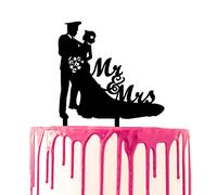 CARISPIBET Décoration de gâteau Marié en uniforme câline mariée qui tenant un bouquet de fleurs Inscription "Mr & Mrs" au côté Silhouette Acrylique