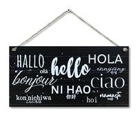 CARISPIBET Hello! Hola! Bonjour! | Enseignes pour la maison plaques décoratives déco d'interieurs décoration bienvenue chez nous voyage 15 x 30 cm