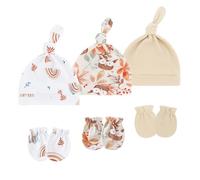 CARISSETT Lot de 3 bonnets en coton doux pour nouveau-né avec moufles anti-rayures pour plus de chaleur et bonnet noué tendance lavable en machine, Couleur 4, Taille unique