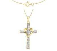 CARISSIMA - Collier avec Pendentif Femme - Coeur et Croix - Or Jaune 375/1000 9 carats 1,75 g - Diamant