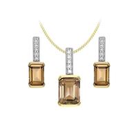 CARISSIMA Femme 9ct Or Jaune Boucles d’Oreilles et Pendentif Diamant et Quartz Fumé sur Chaîne Curb 46 cm / 18