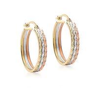 CARISSIMA Femme Boucles d’oreilles créoles facettées 22 mm en or trois couleurs 9 ct