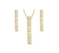 CARISSIMA Femme Or Jaune 9 ct Boucles d’Oreilles et Collier Pendentif Bar Cubic Zirconia sur Prince of Wales Chain de 46 cm/18 pouces