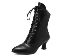 Carkuolary Womens Vintage Lacets Calf Length Victorian Bottes Cuir Souple Louis XV Steampunk gothique Bottes pour femme Filles Dames Noir Taille 46