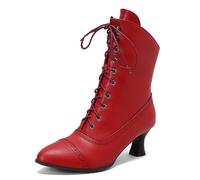 Carkuolary Womens Vintage Lacets Calf Length Victorian Bottes Cuir Souple Louis XV Steampunk gothique Bottes pour femme Filles Dames Rouge Taille 40