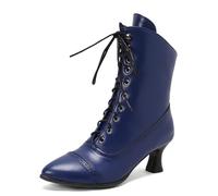 Carkuolary Womens Vintage Lacets Calf Length Victorian Bottes Cuir Souple Louis XV Steampunk gothique Bottes pour femme Filles Dames bleu Taille 40