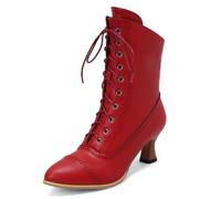 Carkuolary Womens Vintage Lacets Calf Length Victorian Bottes Cuir Souple Louis XV Steampunk gothique Bottes pour femme Filles Dames Rouge Taille 34
