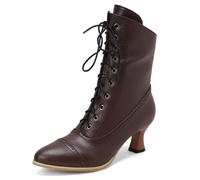 Carkuolary Womens Vintage Lacets Calf Length Victorian Bottes Cuir Souple Louis XV Steampunk gothique Bottes pour femme Filles Dames marron Taille 35
