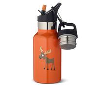 Carl Oscar Bouteille Thermos à Double paroi pour Enfants - Bouteille Isolante Maintenant Chaud 10 ou 24h Froid. 0,3 litres avec Un élan, en Orange. Fourni avec 2 couvercles, Dont Un avec Une Paille.