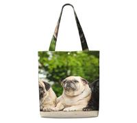 Carlin Amitié Bokeh Chiens Animaux Amis Carlin,Sacs d'épicerie réutilisables, sacs fourre-tout de grande capacité, sac à bandoulière en toile