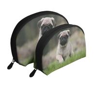 Carlin Bokeh Chiot Chiens Pelouse Animaux Carlin, Trousse de Maquillage Coquille Femme Petit Porte-Monnaie Trousse de Toilette Trousse à cosmétiques 2 pièces