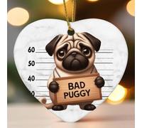 Carlin prisonnier de police en céramique en forme de cœur pour sapin de Noël à suspendre - Décoration de Noël amusante - Souvenir de Nouvel An pour amis