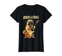 Carlin Rock and Roll Guitare Chien Drôle Musique T-Shirt, Femme, Noir, XS