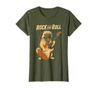 Carlin Rock and Roll Guitare Chien Drôle Musique T-Shirt, Femme, Olive, XS