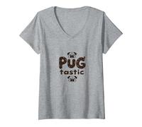 Carlin Tastic Adorable Chien Amoureux fantaisiste T-Shirt avec Col en V, Femme, Gris Chiné, XXL