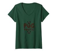 Carlin Tastic Adorable Chien Amoureux fantaisiste T-Shirt avec Col en V, Femme, Vert Forêt, XL