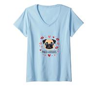 Carlins et Bisous : Adorable Cadeau Romantique pour Amoureux des Chiens T-Shirt avec Col en V, Femme, Bleu Céleste, XL