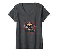 Carlins et Bisous : Adorable Cadeau Romantique pour Amoureux des Chiens T-Shirt avec Col en V, Femme, Chiné Foncé, XL