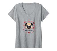 Carlins et Bisous : Adorable Cadeau Romantique pour Amoureux des Chiens T-Shirt avec Col en V, Femme, Gris Chiné, XL