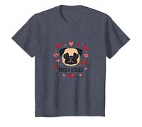 Carlins et Bisous : Adorable Cadeau Romantique pour Amoureux des Chiens T-Shirt, Enfant, Bleu Chiné, 8 Ans