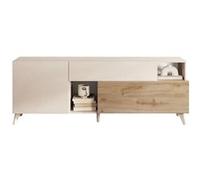CARLO - Meuble TV 2 portes 1 Tiroir Laqué Beige et Aspect Bois Finition Cadiz - Altobuy Beige G