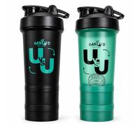 Carlu's Lot de 2 shakers protéinés de 500 ml - 4 compartiments à poudre, 2 boules de mixage en acier inoxydable et 2 organiseurs de comprimés - Sans BPA, anti-fuite, passe au lave-vaisselle - Shaker
