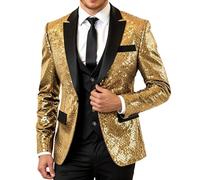 Carnaval Blazer Homme À Sequins Dorés Revers Manteau De Casual Slim Fit Mode Fashion Veste De Smoking Tenue Pailletée Disco Fever De Fête pour Soirée Mariage Doré M