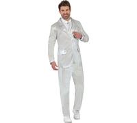 Carnaval Brillant Argent Costume Look élégant Fête Brillant Célébration Glamour Tenue de fête Costume Cravate Pantalon Carnaval, Taille : 52 - 54 (L) Couleur : Argent