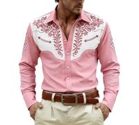 Carnaval Chemise à manches longues imprimée pour homme Style festival et aventure occidentale, chemise de cowboy décontractée avec boutonnière pour le quotidien 2026, Rose, M