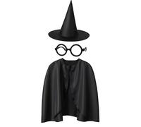 Carnaval - Costume de sorcier - Cape de magicien avec chapeau et lunettes - Noir - Tailles 98, 104/116, 128/140 (104/116)