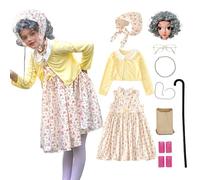 Carnaval Fille Costume Grand Mère 10 Pièces Robe + Jupe + Foulard + Paire De Lunettes + Perruque + Collier + Filet À Cheveux + Chaîne De Lunettes + Bâton À Boucles + Béquille 100 Jours D'école