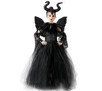 Carnaval Maléfique Deguisement Fille, Maleficent Costume Enfants, Méchante Reine Robe avec Diadème Cornu et Ailes Noires Cape Épaulettes pour Mardi Gras Halloween Cosplay Carnival Soirée (M)