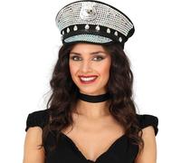 Carnaval Police Diamant Casquette Enterrement de vie de jeune fille ou de garçon Cap scintillant Fun Accessoire Fête Aspect métallique, Couleur : Argent / Noir