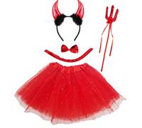 Carnavalife Déguisement Diablesa Demon Fille Femme, Costume Halloween Fille, Costume Diablo Halloween, Diable Diable, Nœud+Queue+Jupe Tutu+Trident Diablo (40cm/Adulte, Rouge Métallisé)
