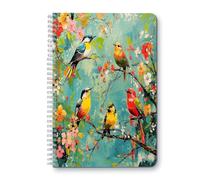 Carnet à spirales avec motif oiseaux perchés sur des branches aux couleurs vives pour l'école, le collège et le bureau, 14,5 x 21 cm